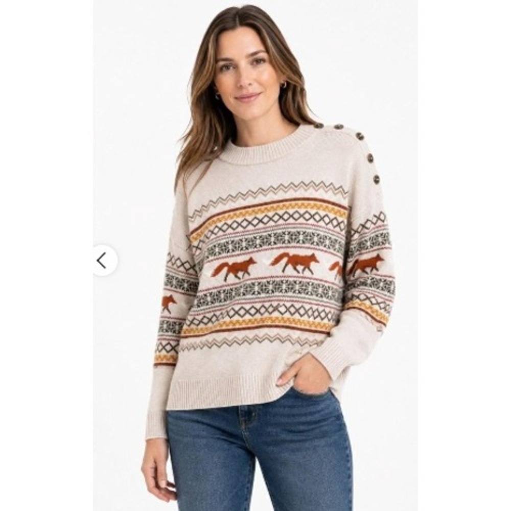 Talbots Womens XS Fox Fair Isle Button Shoulder Sweater Oatmeal Cotton Blend